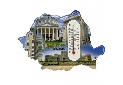 Magnet harta României cu imagini din București și termometru